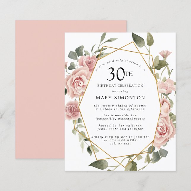 Budget Pink Floral 30th Birthday Invitation (Front/Back)