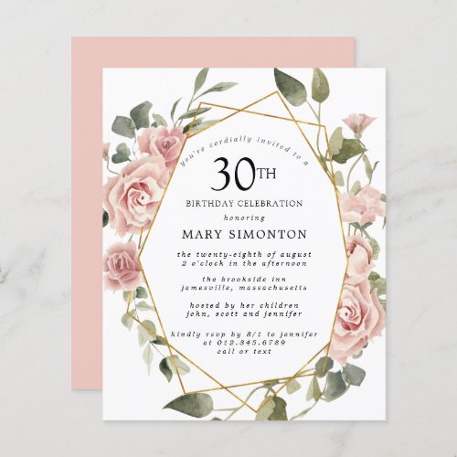 Budget Pink Floral 30th Birthday Invitation