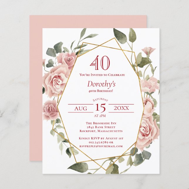 Budget Pink Floral 40th Birthday Invitation (Front/Back)