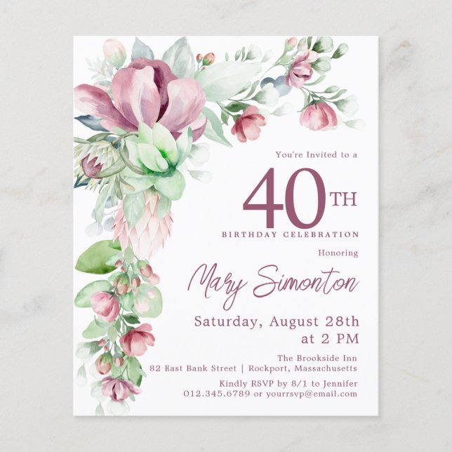 Budget Pink Floral 40th Birthday Invitation (Front)