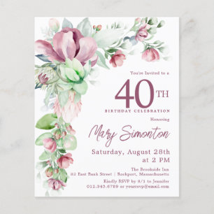 Budget Pink Floral 40th Birthday Invitation