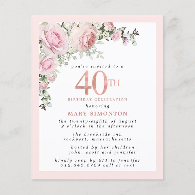 Budget Pink Floral 40th Birthday Invitation (Front)