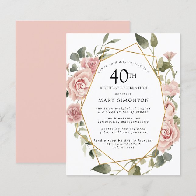 Budget Pink Floral 40th Birthday Invitation (Front/Back)