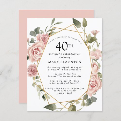 Budget Pink Floral 40th Birthday Invitation