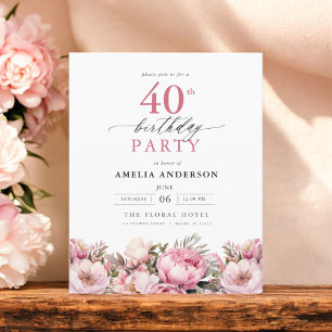 Budget Pink Floral 40th Birthday Invitation Flyer
