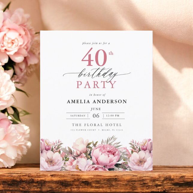 Budget Pink Floral 40th Birthday Invitation Flyer (Creator Uploaded)