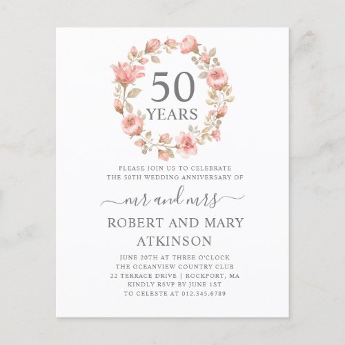 Budget Pink Floral 50th Anniversary Invitation