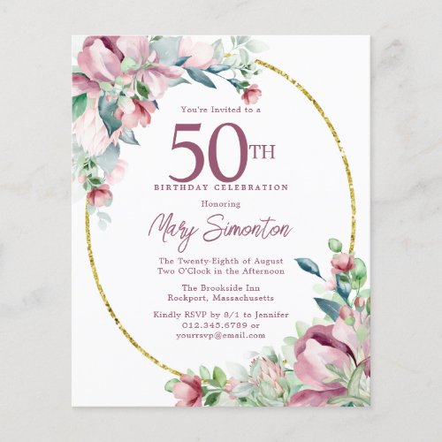 Budget Pink Floral 50th Birthday Invitation