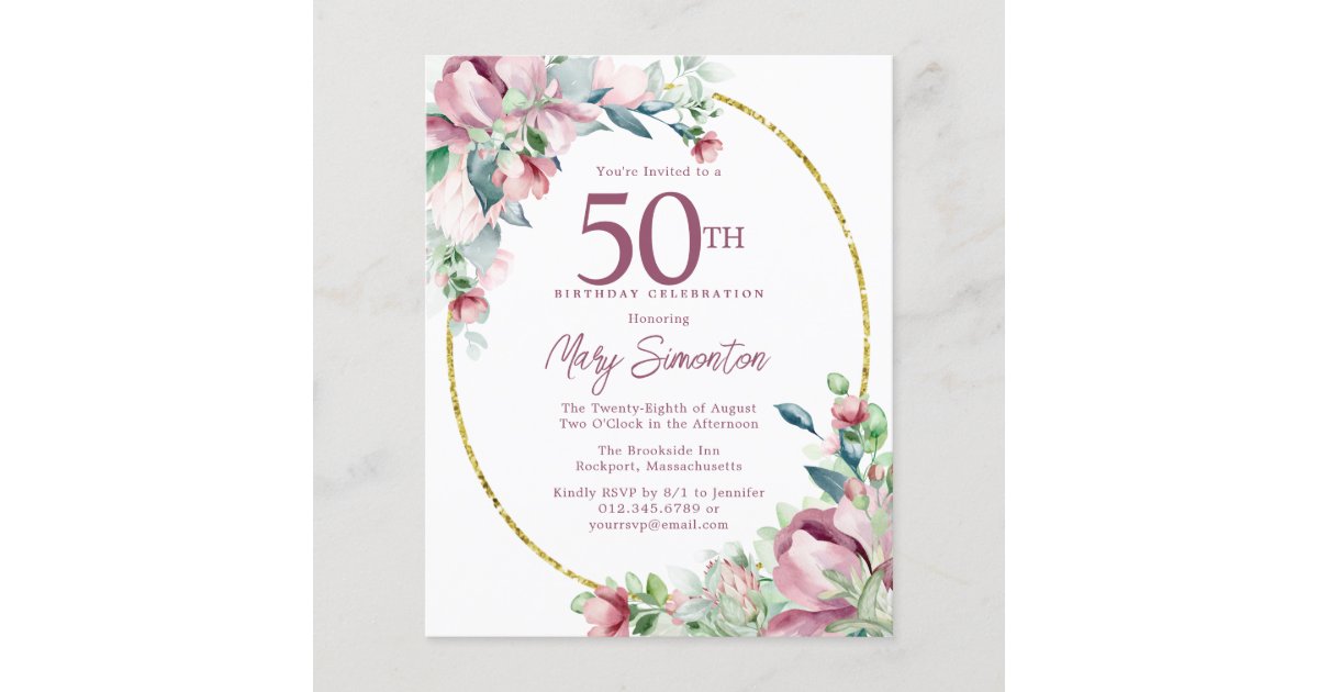 Budget Pink Floral 50th Birthday Invitation | Zazzle