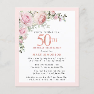 Budget Pink Floral 50th Birthday Invitation