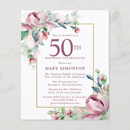 Budget Pink Floral 50th Birthday Invitation
