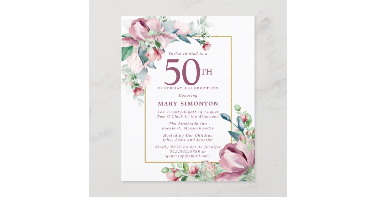 Budget Pink Floral 50th Birthday Invitation 