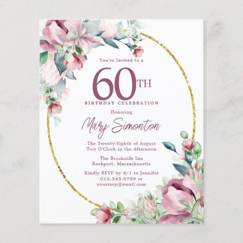 Budget Pink Floral 60th Birthday Invitation