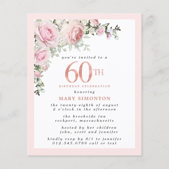 Budget Pink Floral 60th Birthday Invitation (Front)