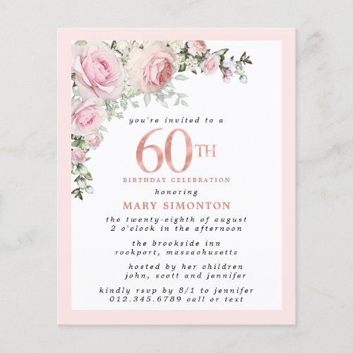 Budget Pink Floral 60th Birthday Invitation