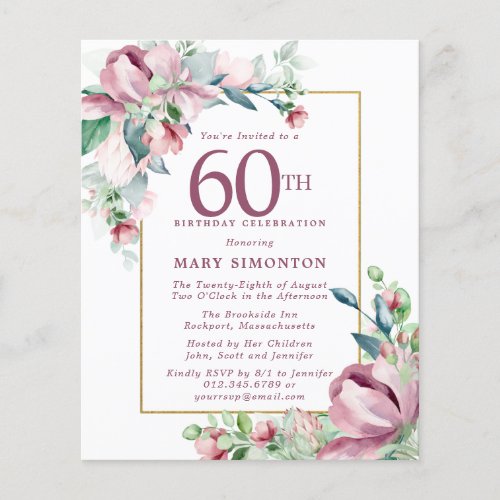 Budget Pink Floral 60th Birthday Invitation