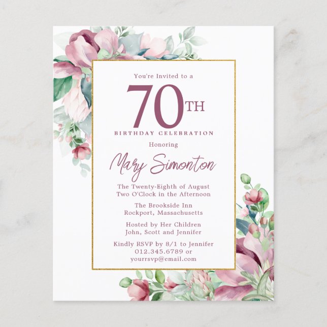 Budget Pink Floral 70th Birthday Invitation (Front)