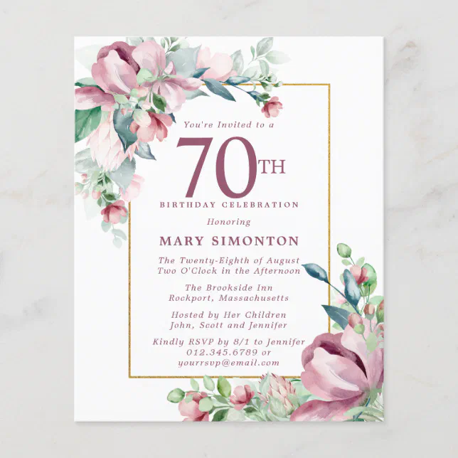 Budget Pink Floral 70th Birthday Invitation Zazzle