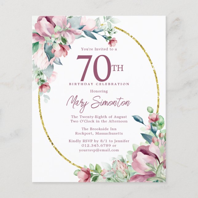 Budget Pink Floral 70th Birthday Invitation (Front)