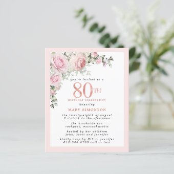 Budget Pink Floral 80th Birthday Invitation | Zazzle