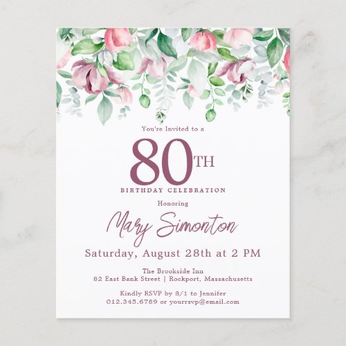 Budget Pink Floral 80th Birthday Invitation