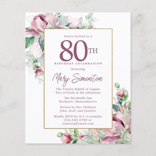 Budget Pink Floral 80th Birthday Invitation (Front)