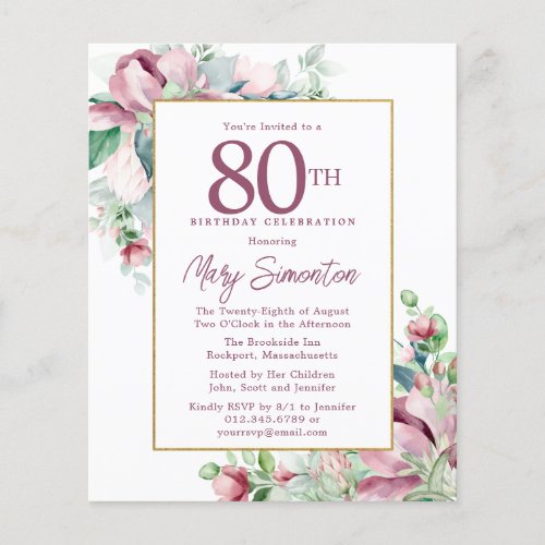 Budget Pink Floral 80th Birthday Invitation
