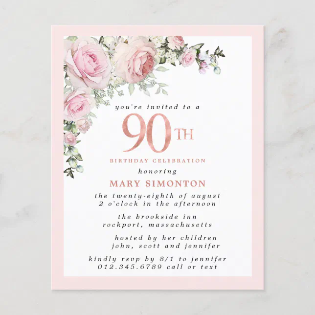 Budget Pink Floral 90th Birthday Invitation | Zazzle