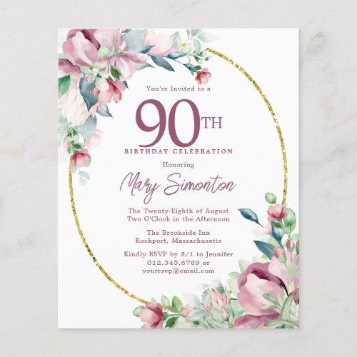 Budget Pink Floral 90th Birthday Invitation