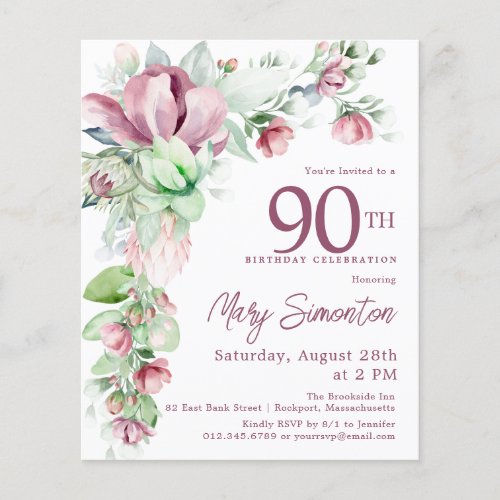 Budget Pink Floral 90th Birthday Invitation