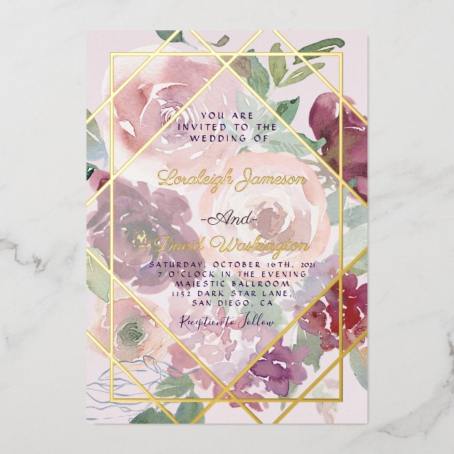 Budget Pink floral and gold geometric  Foil Invitation (Front)