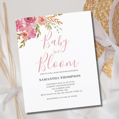 Budget Pink Floral Baby In Bloom Shower Invitation