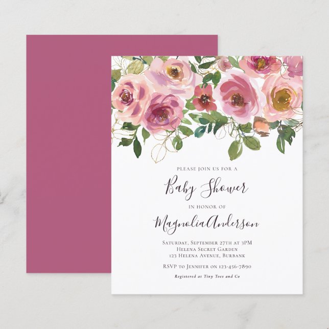 BUDGET Pink Floral Baby Shower Invitation (Front/Back)