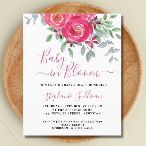 Budget Pink Floral Baby Shower Invitation