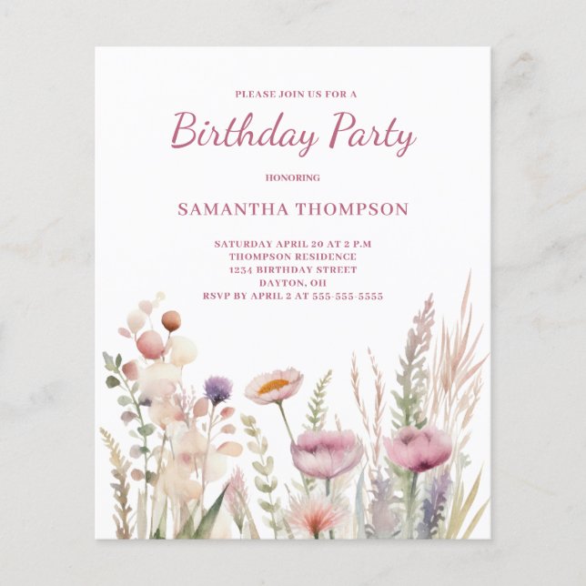 Budget Pink Floral Birthday Invitation  Flyer (Front)