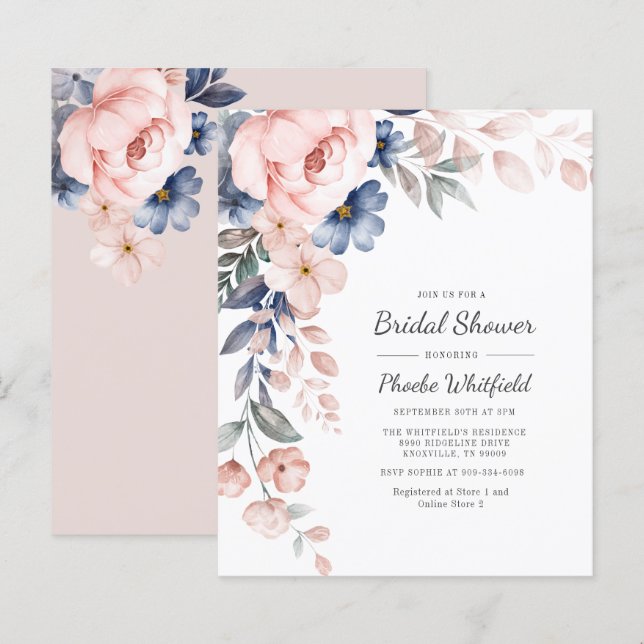 Budget Pink Floral Bloom Bridal Shower Invitation (Front/Back)
