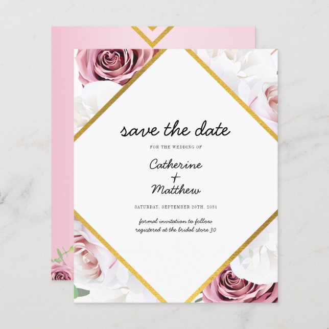 Budget Pink Floral Blush Geometric Save The Date (Front/Back)