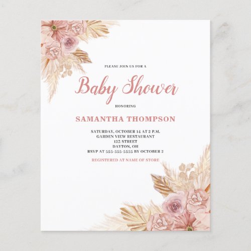 Budget Pink Floral Boho Baby Shower Invitation Flyer