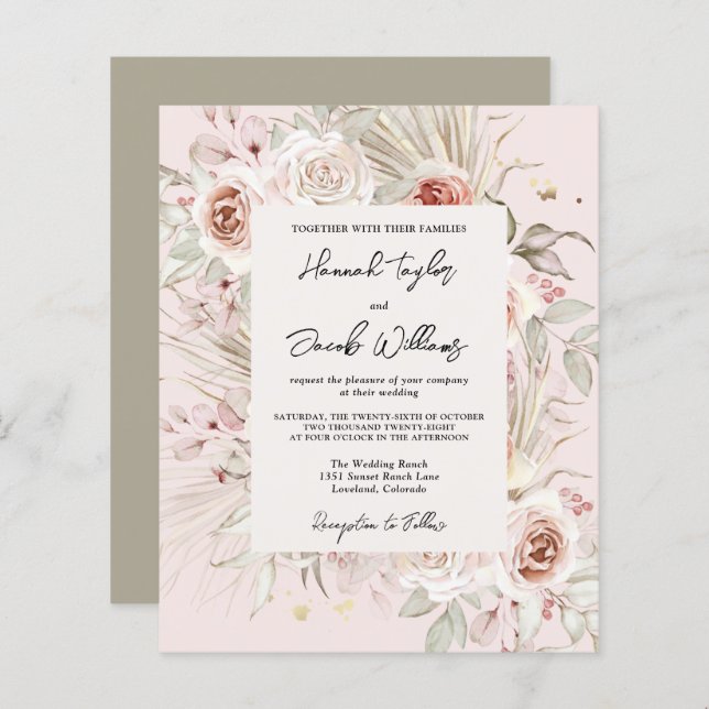 Budget PInk Floral Boho Rustic Wedding Invitation (Front/Back)