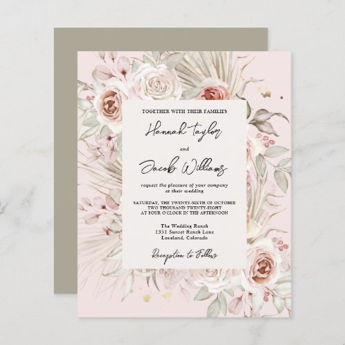 Budget PInk Floral Boho Rustic Wedding Invitation