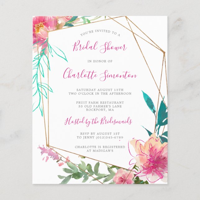 Budget Pink Floral Bridal Shower Invitation (Front)