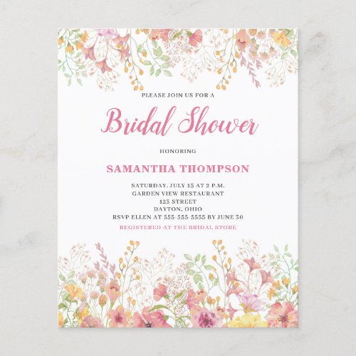 Budget Pink Floral Bridal Shower Invitation Flyer