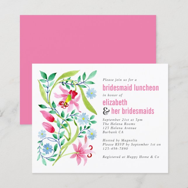 Budget Pink Floral Bridesmaid Luncheon Invitation (Front/Back)