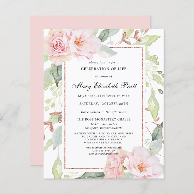Budget Pink Floral Celebration of Life Invitation (Front/Back)