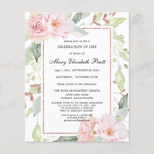 Budget Pink Floral Celebration of Life Invitation | Zazzle