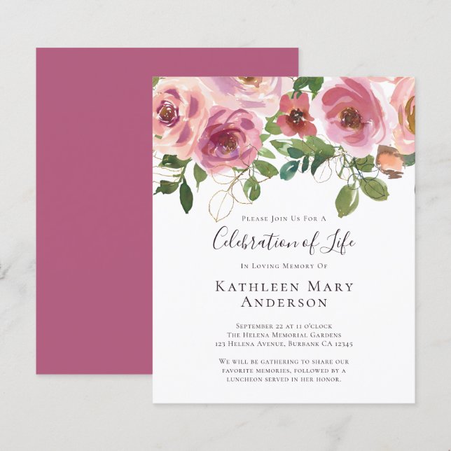 Budget Pink Floral Celebration of Life Invitation (Front/Back)