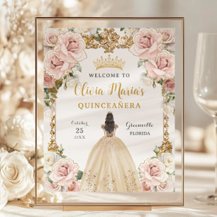 Budget Pink Floral Champagne Gown Quinceañera Sign
