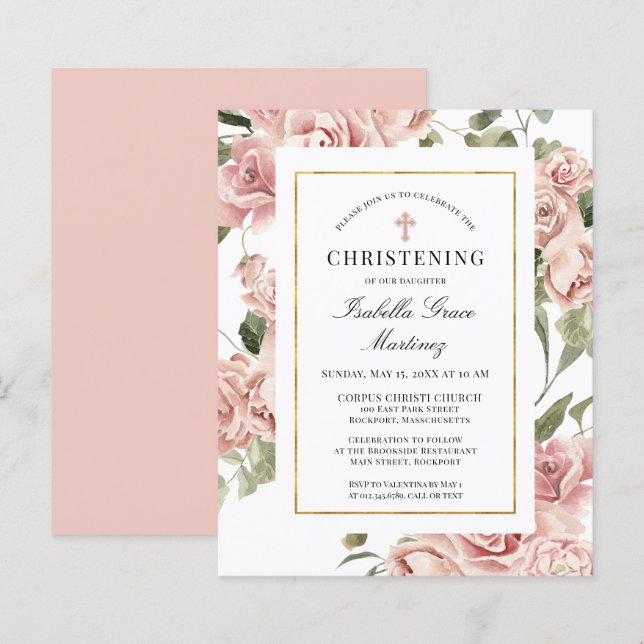 Budget Pink Floral Cross Christening Invitation (Front/Back)