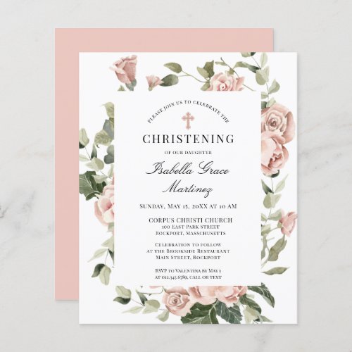 Budget Pink Floral Cross Christening Invitation