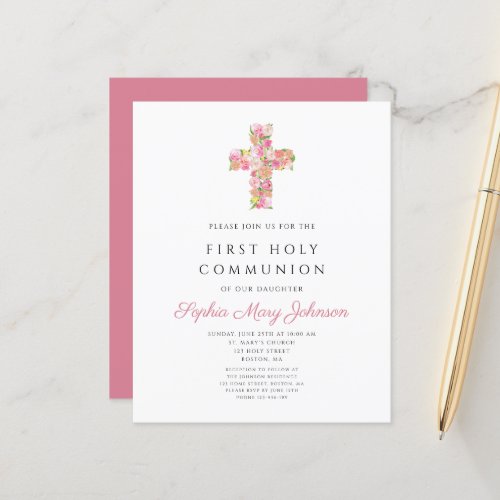 Budget Pink Floral Cross Religious First Communion